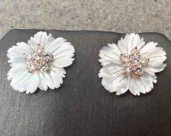 Vintage 14K Yellow Gold CZ & Mother of Pearl Flower Jacket Earrings