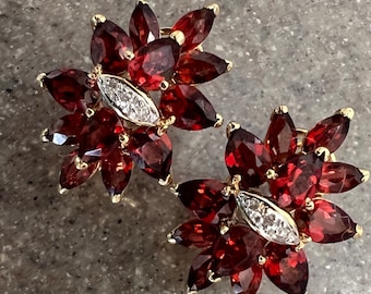 Vintage 14K Yellow Gold Garnet & Diamond Omega Earrings