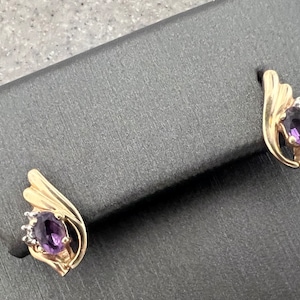 Vintage 10K Yellow Gold Purple Amethyst And Diamond Stud Earrings