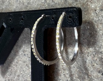Vintage 14K White Gold CZ Hollow Hoop Earrings