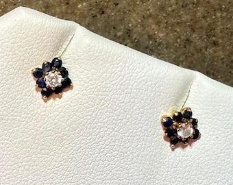 Vintage 10K Yellow Gold Blue Sapphire & CZ Stud Post Earrings