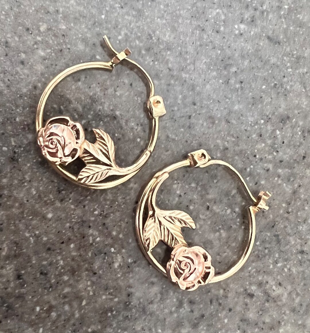 Vintage 14K Yellow Gold & Rose Gold Flower Hoop Earrings Etsy