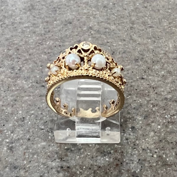 Franklin Mint Vintage 14K Yellow Gold Diamond & Pearl Crown Ring, “The Princess Diana Tiara Ring”