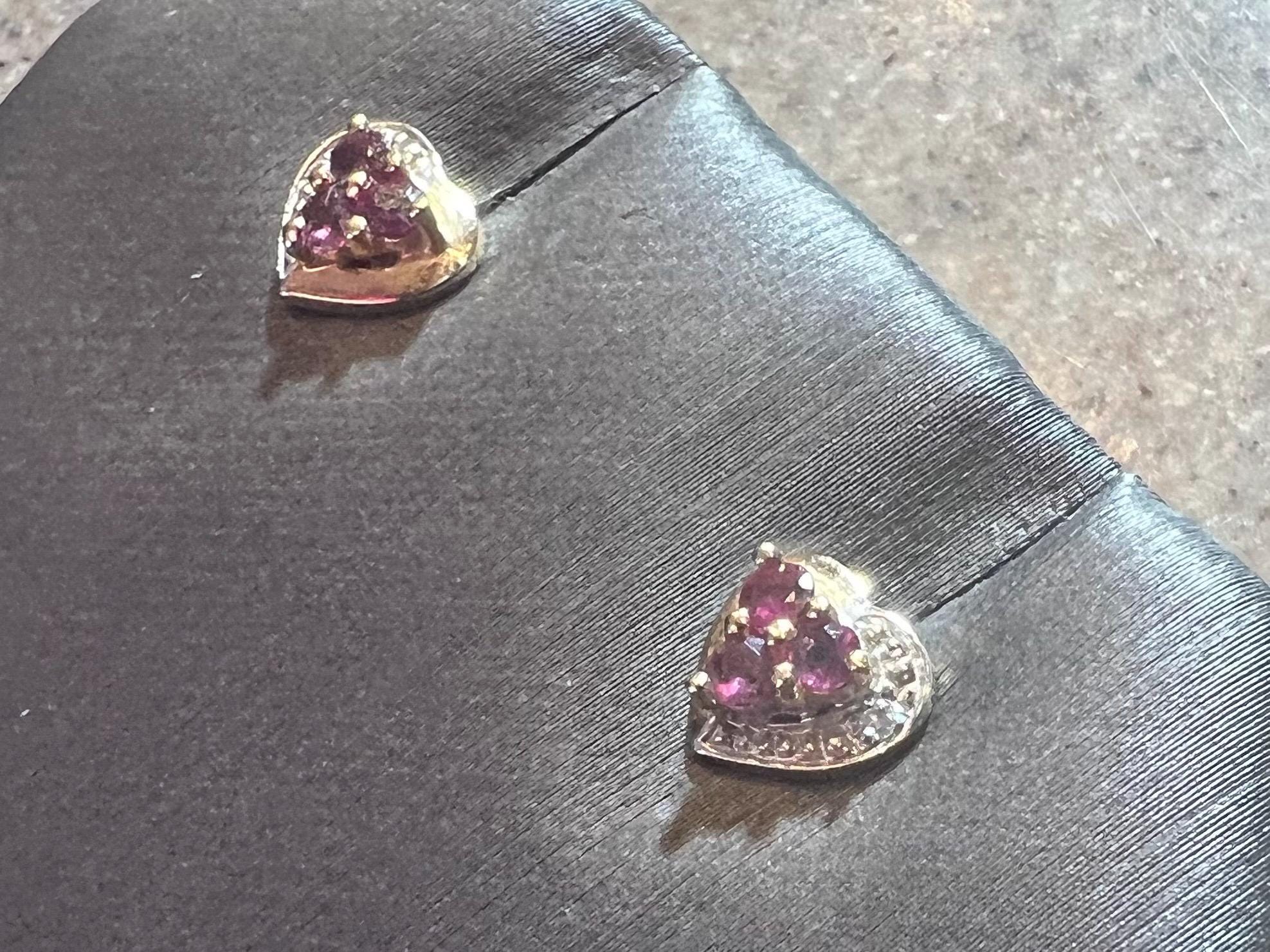 Vintage 14K Yellow Gold Ruby & Diamond Heart Earrings