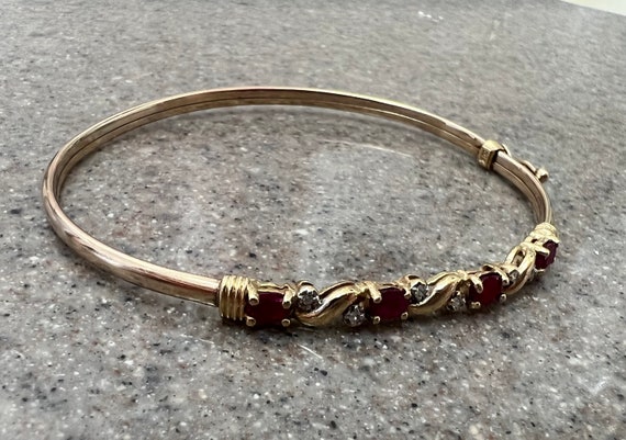 Vintage 10K Yellow Gold Ruby & Diamond Bangle Bra… - image 2