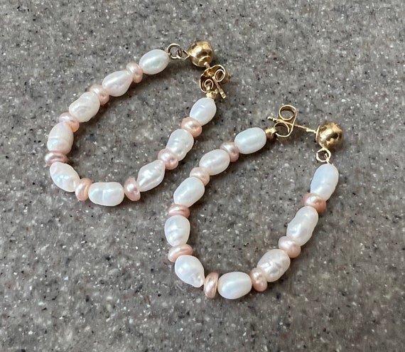 Vintage 14K Yellow Gold Beaded Pearl Hoop Earrings - image 4