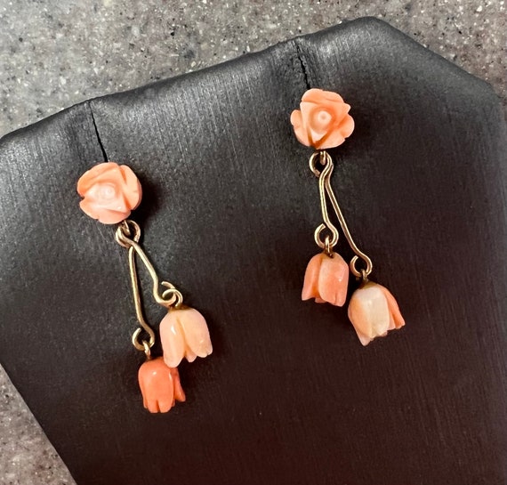 Vintage 14K Yellow Gold Coral Tulip Flower Dangle… - image 3