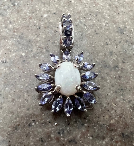 Vintage 10K White Gold Tanzanite & Opal Flower Pe… - image 1