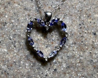 Vintage 10K White Gold Purple Tanzanite & Diamond Heart Pendant Necklace