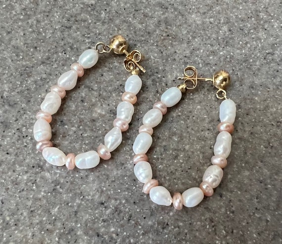 Vintage 14K Yellow Gold Beaded Pearl Hoop Earrings - image 5