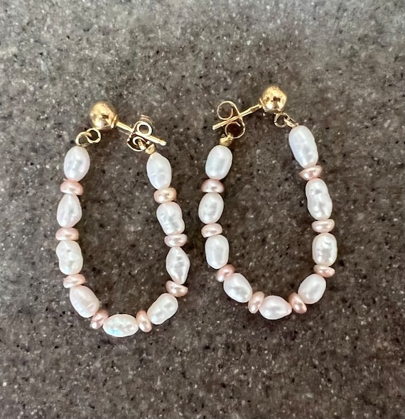 Vintage 14K Yellow Gold Beaded Pearl Hoop Earrings - image 8