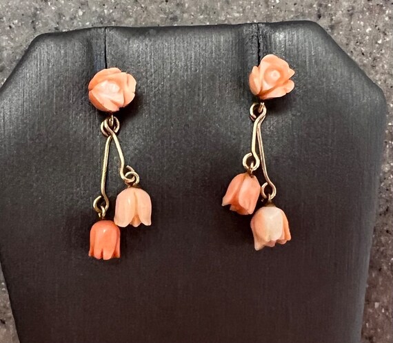 Vintage 14K Yellow Gold Coral Tulip Flower Dangle… - image 5