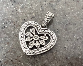 Vintage 10K White Gold Diamond Heart Pendant