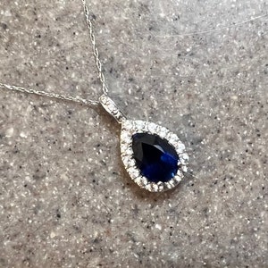 Vintage 10K White Gold Blue & White Sapphire Halo Pendant Necklace