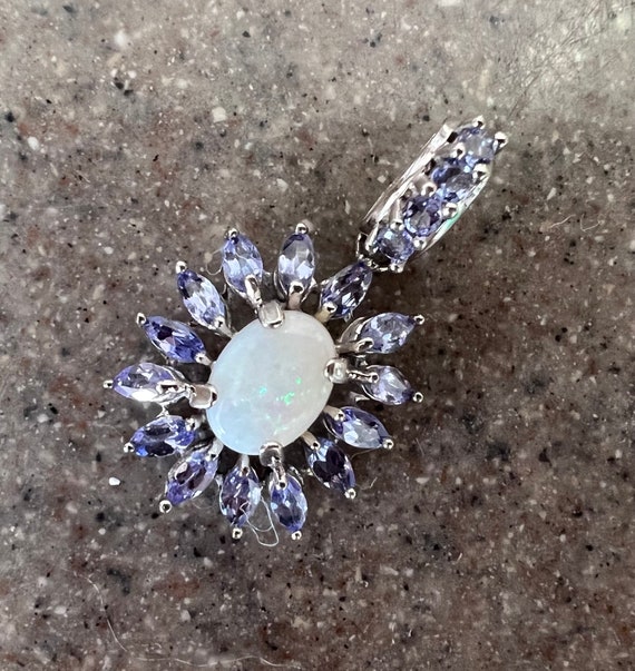 Vintage 10K White Gold Tanzanite & Opal Flower Pe… - image 8