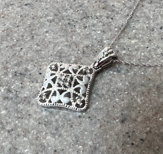 Vintage 10K White Gold Diamond Pendant Necklace - image 2