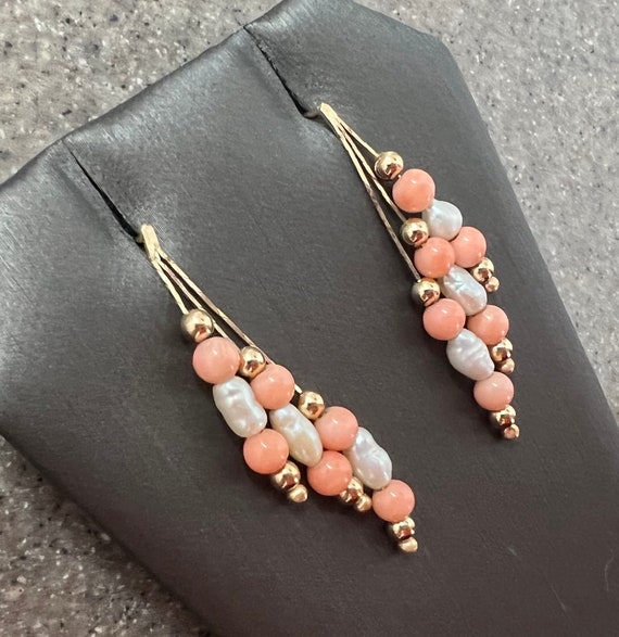 Vintage 14K Yellow Gold Coral & Pearl Dangle Earr… - image 5