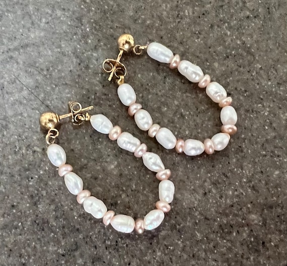 Vintage 14K Yellow Gold Beaded Pearl Hoop Earrings - image 1