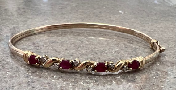 Vintage 10K Yellow Gold Ruby & Diamond Bangle Bra… - image 10