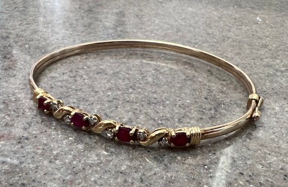 Vintage 10K Yellow Gold Ruby & Diamond Bangle Bra… - image 6