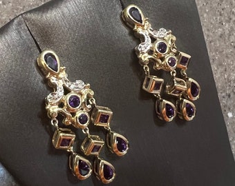 Vintage 10K Yellow Gold Amethyst Diamond Chandelier Drop Dangle Earrings