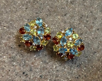 Vintage 14K Yellow Gold Garnet Blue Topaz Peridot & Diamond Omega Style Earrings