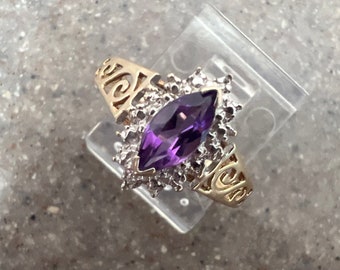 Vintage 10K Yellow Gold Amethyst & Diamond Ring