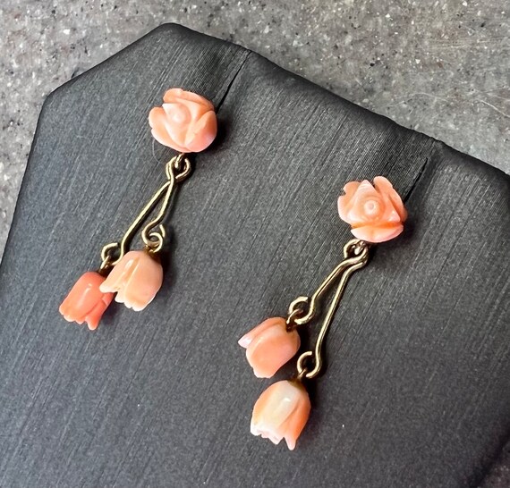 Vintage 14K Yellow Gold Coral Tulip Flower Dangle… - image 10