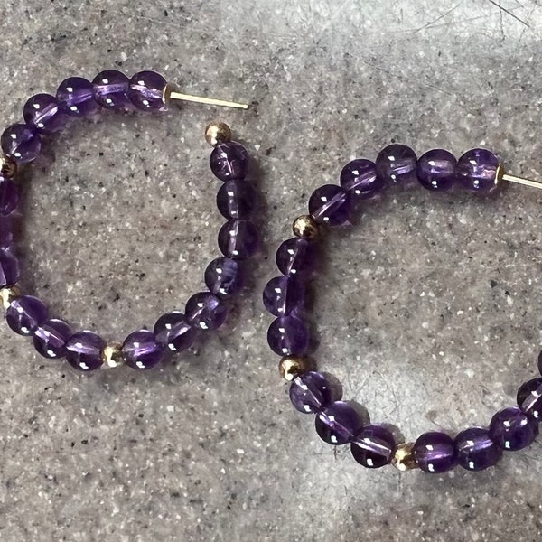 Vintage 14K Solid Yellow Gold Amethyst Hoop Earrings