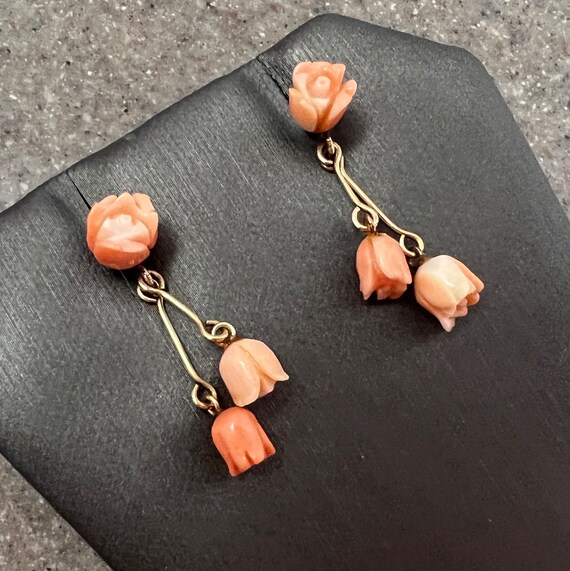 Vintage 14K Yellow Gold Coral Tulip Flower Dangle… - image 2