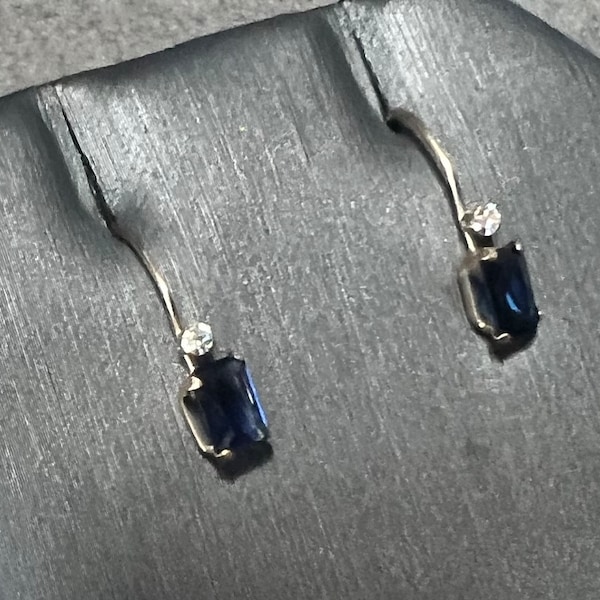 Vintage 10K Yellow Gold Blue Sapphire & CZ Drop Dangle Earrings