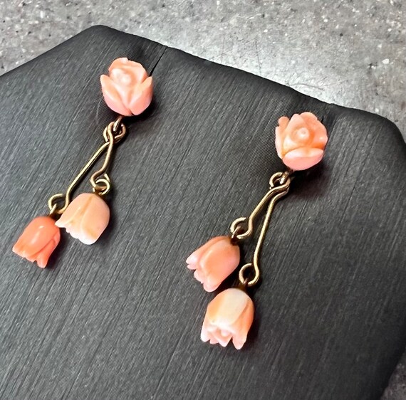 Vintage 14K Yellow Gold Coral Tulip Flower Dangle… - image 7