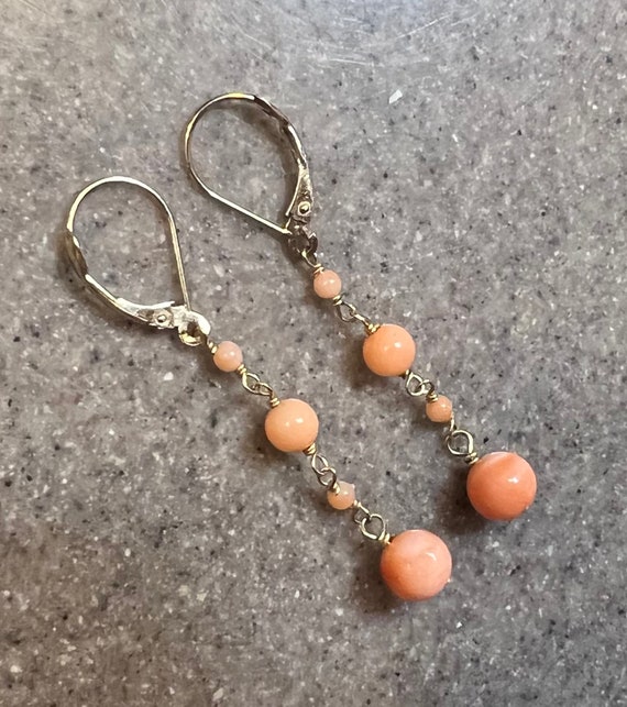 Vintage 14K Yellow Gold Coral Dangle Earrings - image 2