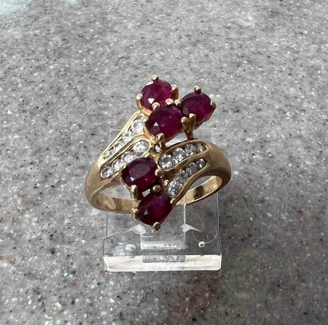 Vintage 14K Yellow Gold Ruby & Diamond Cocktail Ring - Etsy