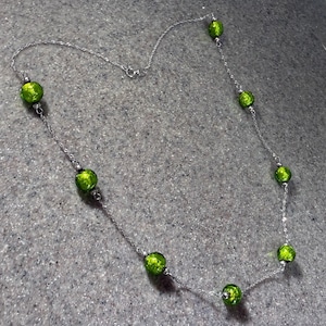 Vintage 14K White Gold Beaded Green Glass Station Necklace
