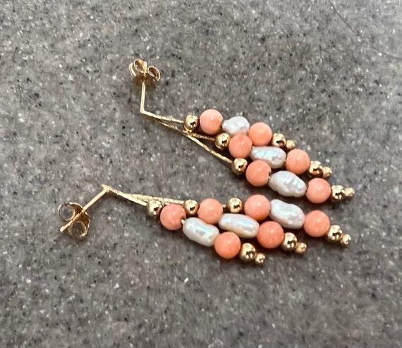 Vintage 14K Yellow Gold Coral & Pearl Dangle Earr… - image 1