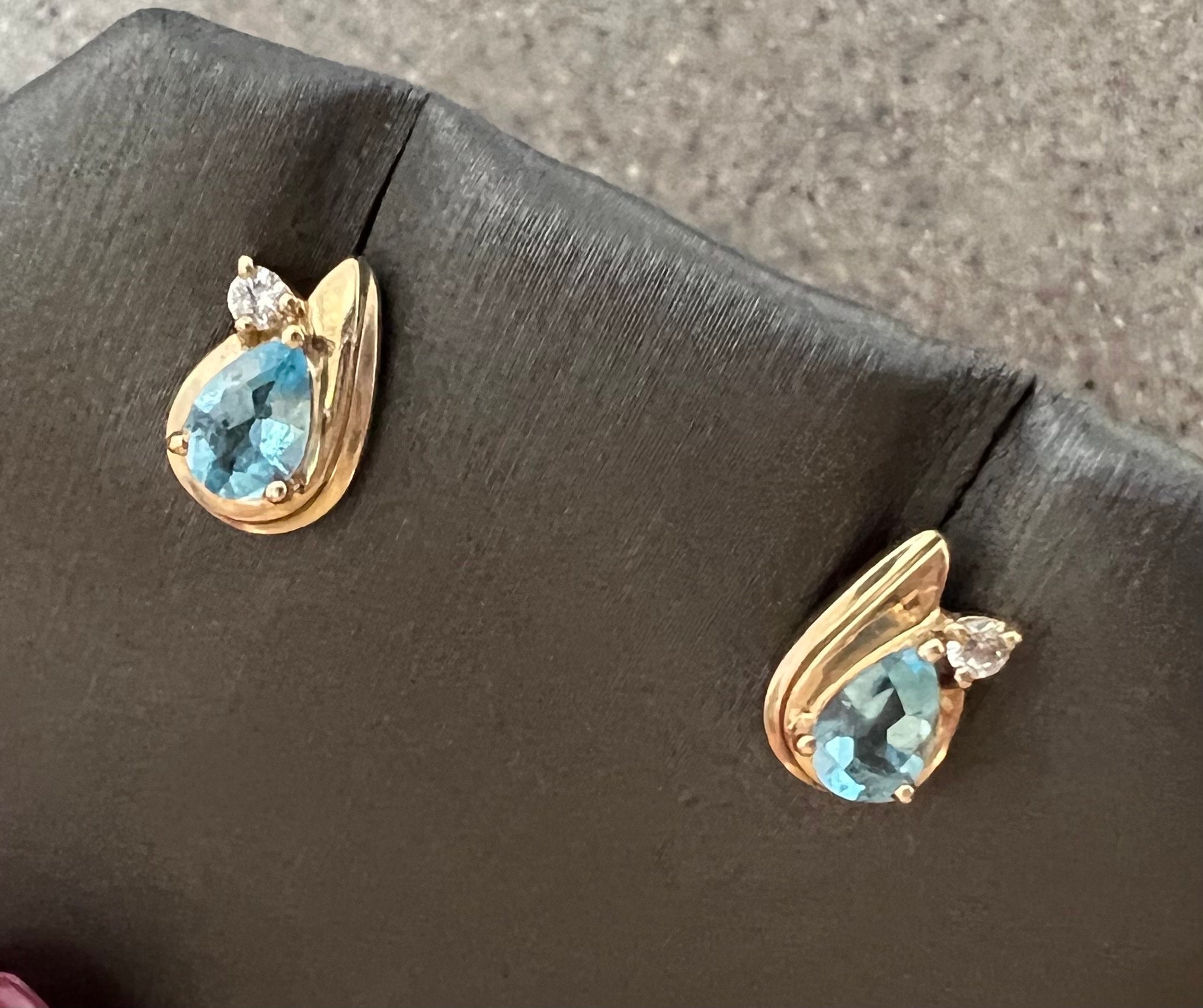 Vintage 10K Yellow Gold Blue Topaz & CZ Post Stud Earrings