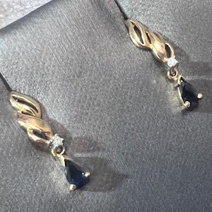 Vintage 10K Yellow Gold Blue Sapphire & Diamond Drop Dangle Earrings