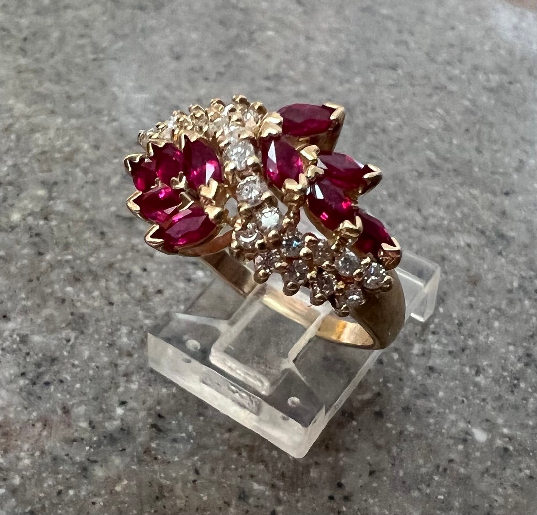 Vintage 14K Yellow Gold Ruby Diamond Cluster Ring by Effy Size 7 - Etsy