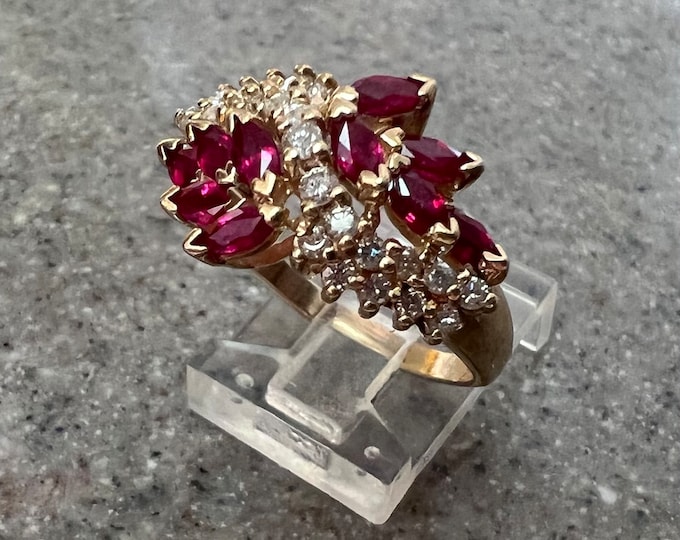 Vintage 14K Yellow Gold Ruby Diamond Cluster Ring by Effy Size 7 - Etsy
