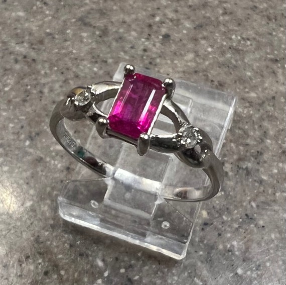 Vintage 10K White Gold Red Ruby & Diamond Ring - image 6