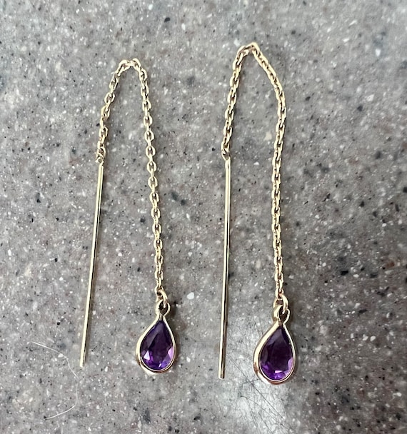 Vintage 14K Yellow Gold Amethyst Dangle Threader … - image 1