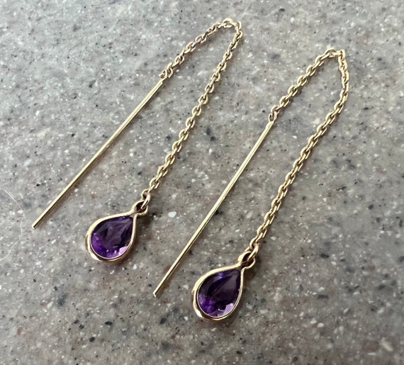 Vintage 14K Yellow Gold Amethyst Dangle Threader … - image 2