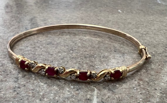 Vintage 10K Yellow Gold Ruby & Diamond Bangle Bra… - image 7