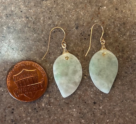 Vintage 10K Yellow Gold Jade Leaf Drop Dangle Ear… - image 7