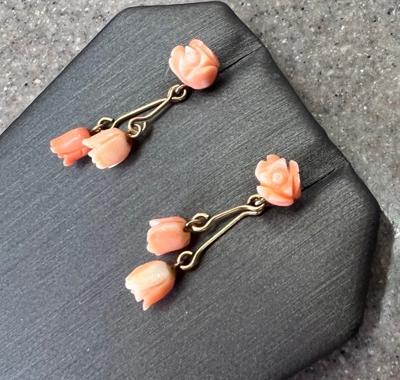 Vintage 14K Yellow Gold Coral Tulip Flower Dangle… - image 9