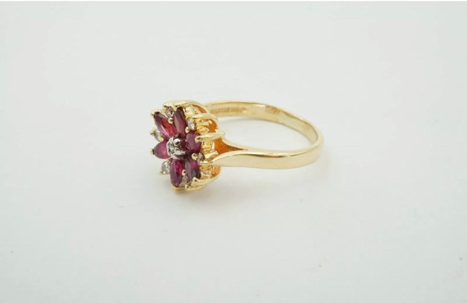 Vintage 14K Gold Ruby & Diamond Floral Flower Ring Genuine | Etsy
