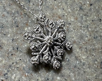 Vintage 14K White Gold Diamond Snowflake Pendant Necklace