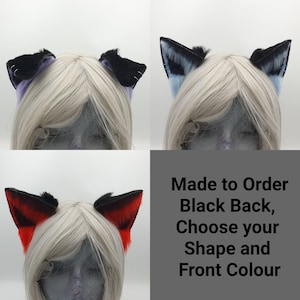 Puede incluir: Un conjunto de orejas de animal de piel sintética sobre una cabeza de maniquí con cabello rubio. Las orejas tienen la parte posterior negra y están disponibles en tres variantes: frente morado, azul y rojo. El texto dice: Made to Order Black Back, Choose your Shape and Front Colour.
