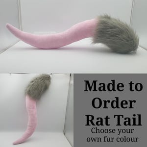 Op de afbeelding: Een roze rattenstaart met een grijze vachtpunt. De staart wordt op bestelling gemaakt, met de optie om je eigen vachtkleur te kiezen. De staart wordt in twee verschillende aanzichten getoond, een horizontaal en een verticaal.